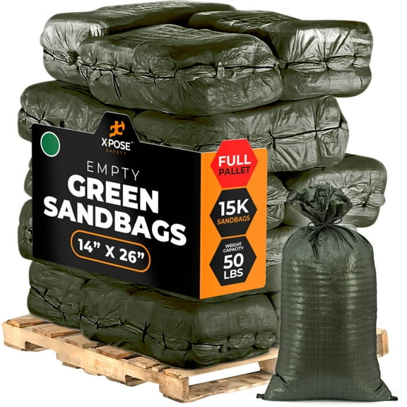 Woven Polypropylene Sand Bags for Flooding, Gravel -14" x 26" Sacks 50 lb Weight Limit, Military Grade Reusable Refillable Sand Bag for Hurricane Flood Protection, Empty Sandbags Green Bundle of 15000