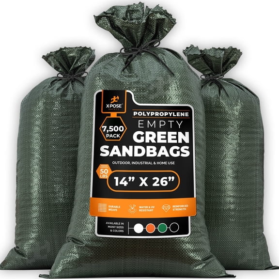 Woven Polypropylene Sand Bags for Flooding, Gravel -14" x 26" Sacks 50 lb Weight Limit, Military Grade Reusable Refillable Sand Bag for Hurricane Flood Protection, Empty Sandbags Green, Bundle of 7500