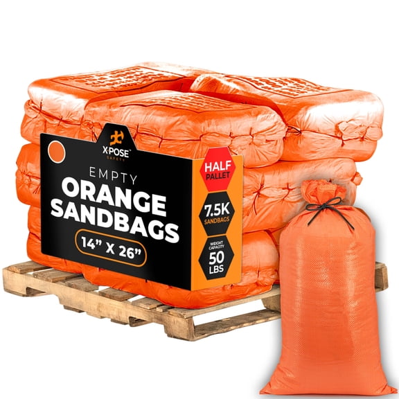 Woven Polypropylene Sand Bags for Flooding, Gravel -14" x 26" Sacks 50 lb Weight Limit, Military Grade Reusable Refillable Sand Bag for Hurricane Flood Protection, Empty Sandbags Orange Bundle of 7500