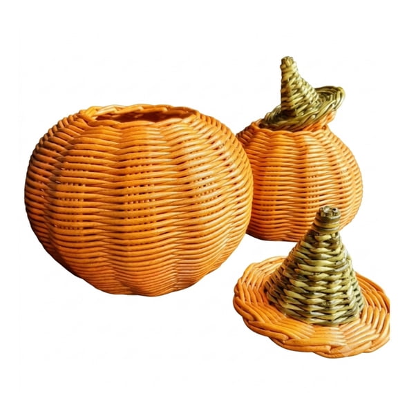 Woven Pumpkin Basket,Hand Woven Orange Pumpkin Storage Basket with Detachable Witch Hat Lid,Fall Harvest Storage Jar,Rattan Pumpkin Decor Container for Halloween Thanksgiving Fall Table Display-1PC