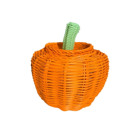 Woven Pumpkin Basket,Hand Woven Orange Pumpkin Storage Jar with Green Stem Lid, Rattan Pumpkin Candy Container, Halloween Table Decor,Fall Halloween Thanksgiving Tabletop Decorative Basket