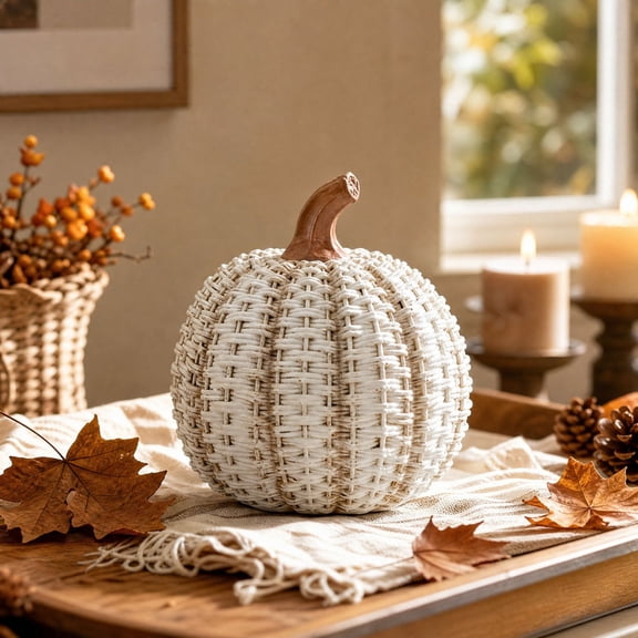 Woven Pumpkin Figurine, Faux Rattan Statue, Fall Tabletop Decor, Adds Warm Rustic Texture and Complements Autumn Harvest Themes, for Mantel Shelves, Coffee Tables and Dining Centers