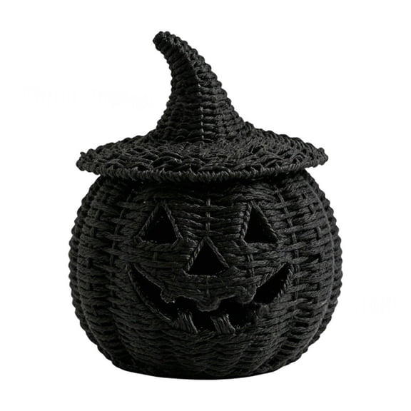 Woven Pumpkin Halloween Decor Lantern, Jack O Lantern Hollow Pumpkin Light with Witch Hat Lid, Boho Halloween Tabletop Decoration for Home Party