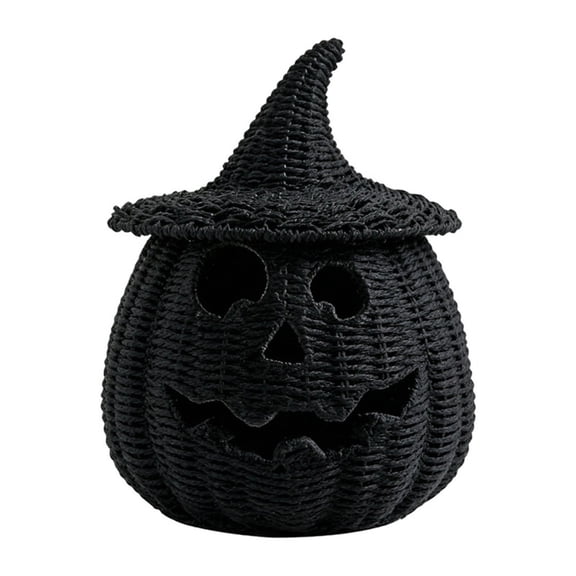 Woven Pumpkin Halloween Decor Lantern, Jack O Lantern Hollow Pumpkin Light with Witch Hat Lid, Boho Halloween Tabletop Decoration for Home Party