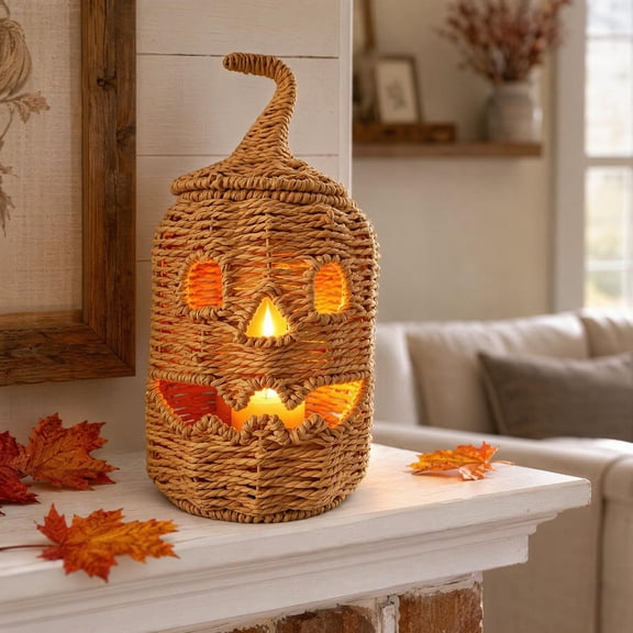 Woven Pumpkin Lantern Decor, 12.2" Light Up Halloween Jack-O'-Lantern with LED Light, Rustic Orange Straw Rope Fall Tabletop Centerpiece Decoration for Home Porch-7