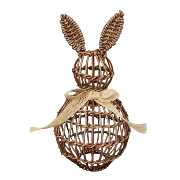 Woven Rabbit Sculpture with Bow Rattan Bunny Figurine Easter Table Centerpiece Decoration for Spring Party Home Farmhouse Decor Courtyard Tabletop Display to Enhance Easter Atmosphere Seasonal Gift