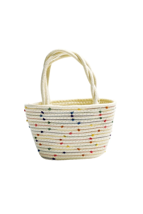 Woven Rainbows Handle Beach Tote Bag - Cotton Thread Handbag for Vacation Casual Outings, Portable Summer Beach Bag, Lightweight Storage Pouch