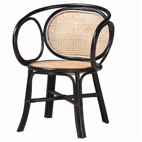 Woven Rattan Accent Dining Chair, Boho Chic Kitchen Chair with Angled Legs in Espresso and Brown