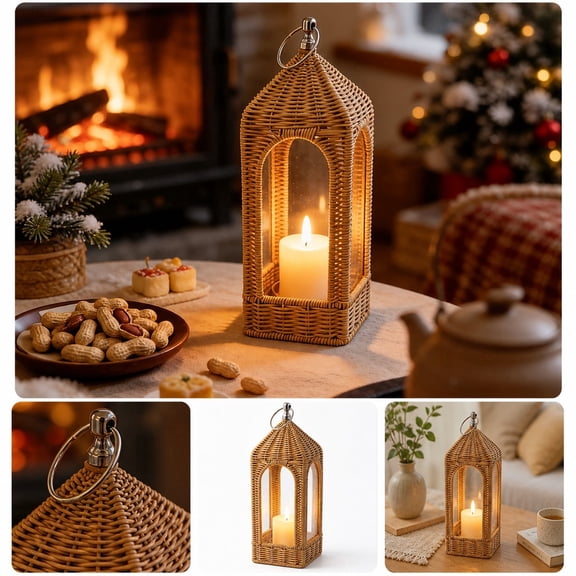 Woven Rattan Arch Lantern, 13.8-Inch Decorative Wicker Candle Holder with Metal Hanging Ring, Rustic Farmhouse Home and Wedding Decor
