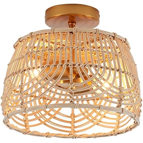 Woven Rattan Bamboo Brass Flush Mount Ceiling Light Wicker Light Fixture for Entryway Bedroom Hallway Kitchen Corridor Passway 2-Light$$Tools & Hardware Other
