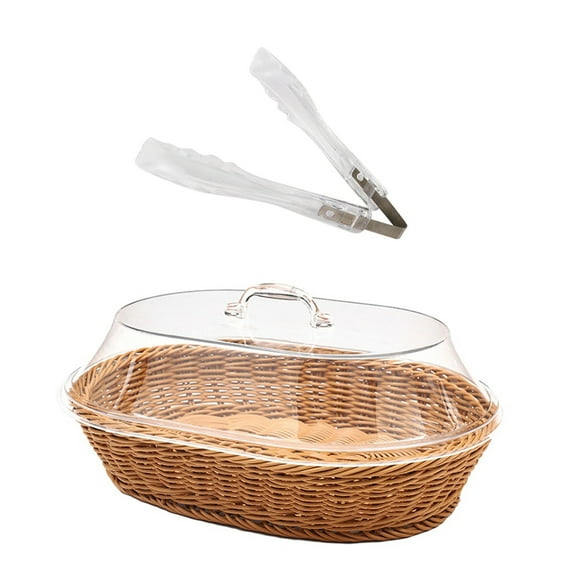 Woven Rattan Basket Bread Basket with Acrylic Lid and Food Clip Tabletop Food Serving Basket Woven Fruit Basket with Cover Imitation Rattan Bread Basket Home Decor B 13.78*9.84*2.7Inch