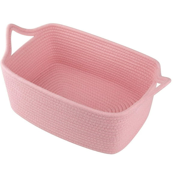 Woven Rattan Basket,Small Storage Baskets for Organizing, Empty Basket Bag Ribbon Rope Basket for Storage, 13.5x10x6" Closet Organizer Bins Basket With Handle for Daycare Pet Toy Organizer,Pink
