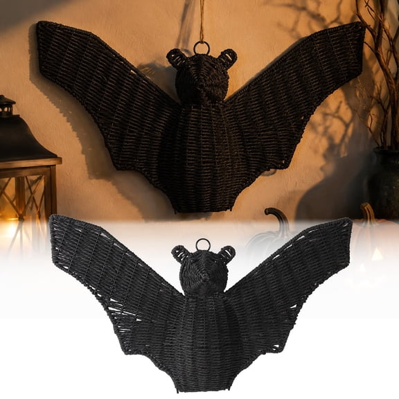Woven Rattan Bat Wall Hanging Halloween Decor 18.5 Inch 3D Handcrafted Black Rope Bat, Rustic Gothic Wicker Decoration for Home Fireplace Door, Farmhouse Party Display
