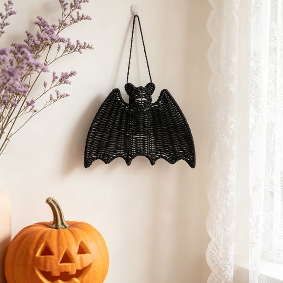 Woven Rattan Bat Wall Hanging Halloween Decor, 3D Handcrafted Black Rope Bats, Rustic Natural Farmhouse Halloween Decorations for Home Fireplace Door, Small