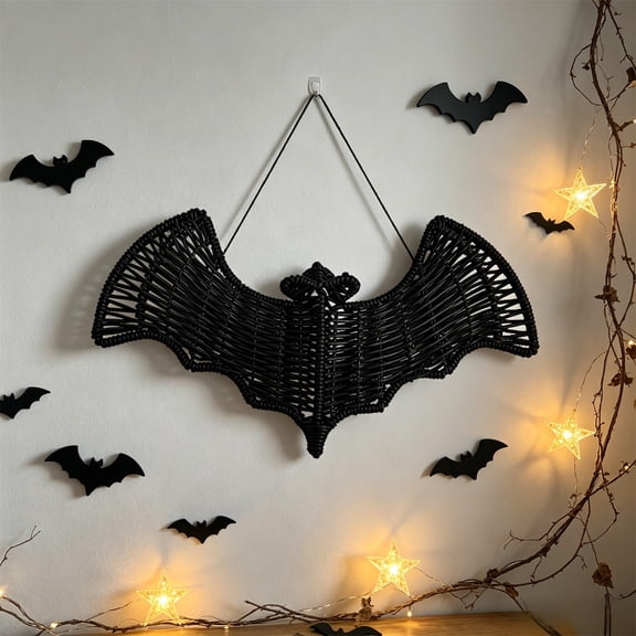 Woven Rattan Bat Wall Hanging Halloween Decor, 3D Scary Handcrafted Black Rope Bats, Rustic Natural Farmhouse Halloween Creepy Decorations for Home Fireplace Door, 11 Inch
