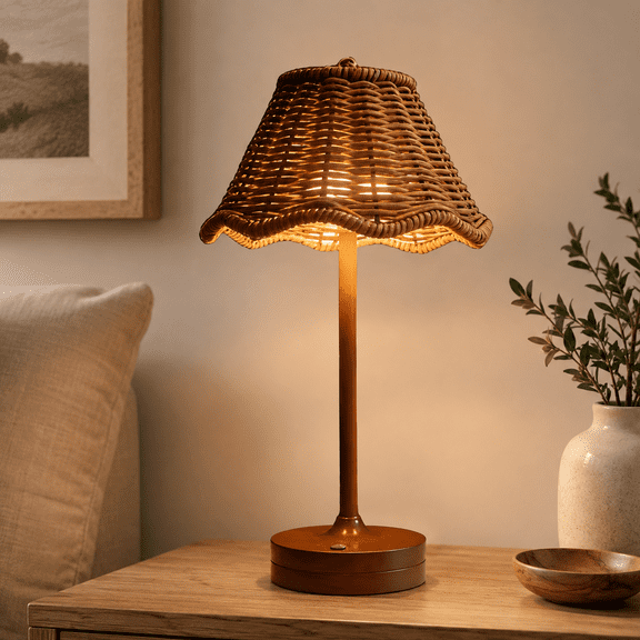 Woven Rattan Bedside Led Lamp Touch Controlled Dimmable Bedside Light With Scalloped Woven Cover For Bedroom Living Room And Patio Decor Brown