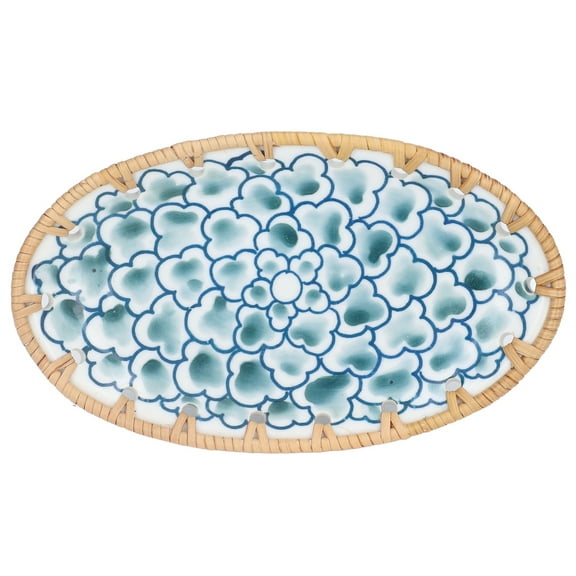 Woven Rattan Ceramic Fish Plate Porcelain Fruit Dish Serving Plate Floral Dinner Shallow Plate for Appetizer Salad Dessert Snack [Ink Blue Flowers )]