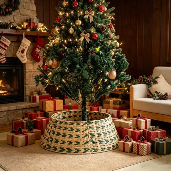 Woven Rattan Christmas Tree Collar Basket, Multicolor, Style C, for living room, entryway, party and Christmas tree decor