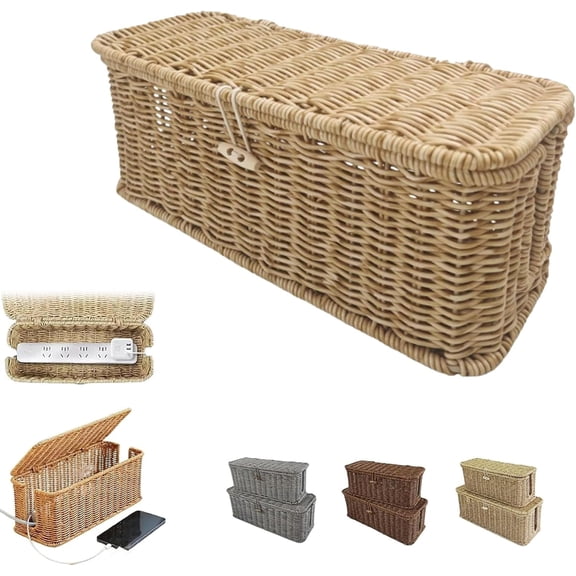 Woven Rattan Cord Organizer Box for Desk Power Strips, TV Cable Concealer and Wire Hider