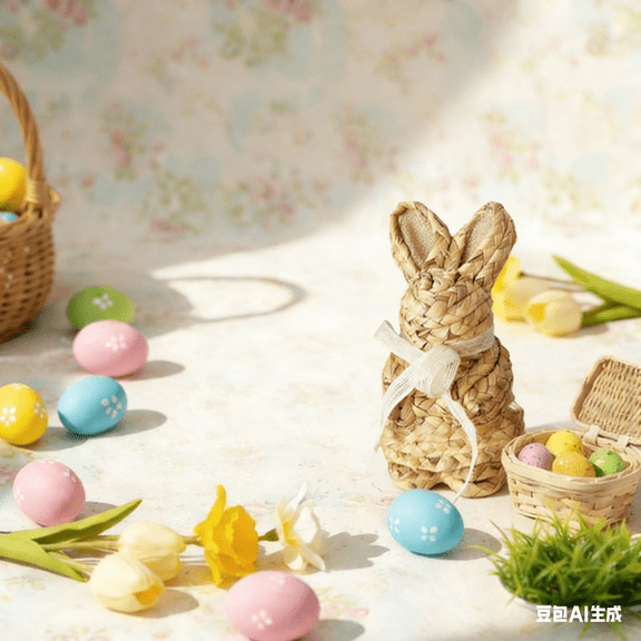 Woven Rattan Easter Bunny Decor,6" Natural Wicker Rabbit Figurine,Rustic Farmhouse Tabletop Statue for Spring & Easter Home Decor,C