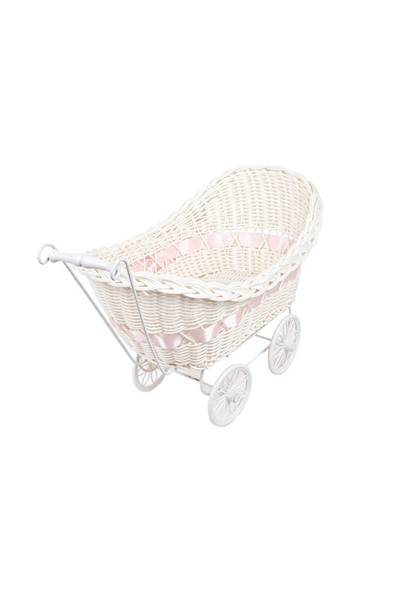 Woven Rattan Flower Basket, Pram Shaped Flower Basket, Multifunctional Flower Arrangement Basket with Wheel and Handle, Rustic Home Decor for Weddings Party Candy Display (Pink Ribbon)