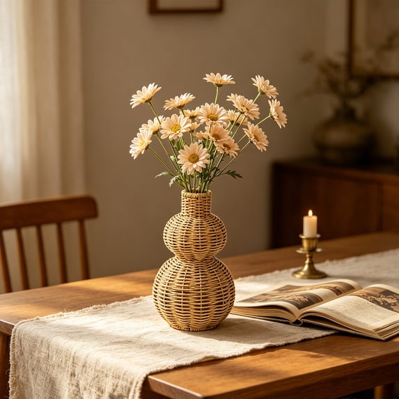 Woven Rattan Flower Vase Decorative Wicker Basket Rustic Artificial Ornament Vase for Home Décor Dinner Table Centerpiece