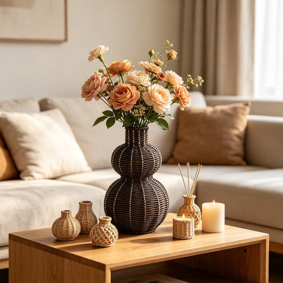 Woven Rattan Flower Vase Decorative Wicker Basket Rustic Artificial Ornament Vase for Home Décor Dinner Table Centerpiece