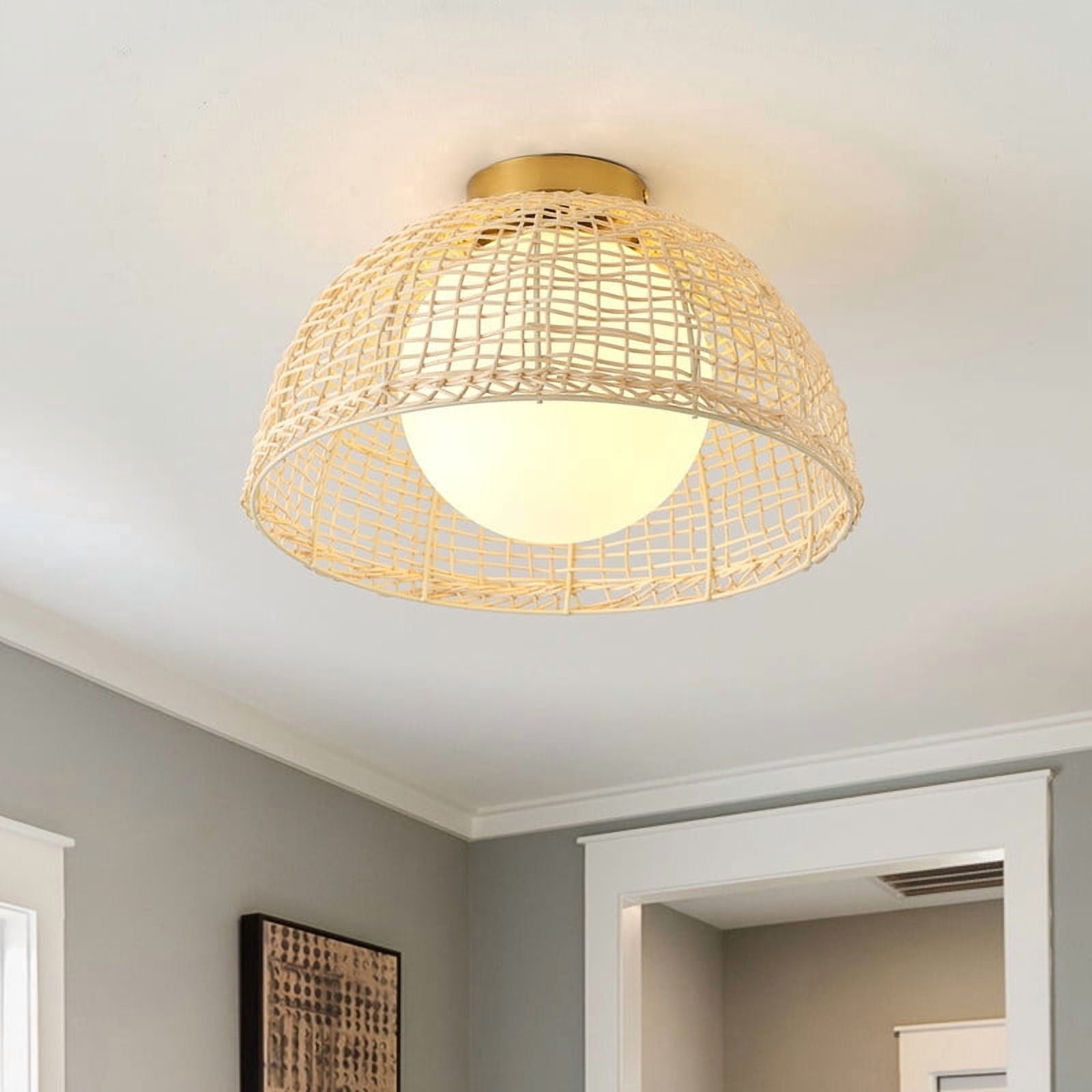 Woven Rattan Flush Mount Ceiling Light with Glass Globe, 16.5 IN Hanging Light Ideal for Dining Room, Bedroom & Farmhouse
