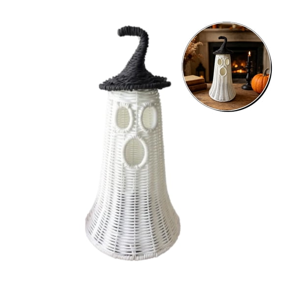 Woven Rattan Ghost Witch Hat Lamp, Halloween Rattan Ghost Lantern, Farmhouse Ghost Decor Light, Luminous Hollow Eye Ghost Tabletop Halloween Decorations for Living Room Autumn Home Decor