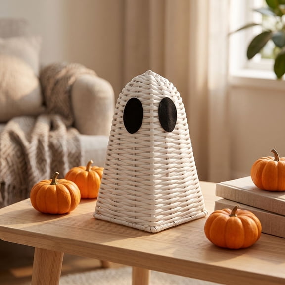 Woven Rattan Halloween Ghost Decoration Handcrafted Ghost Ornament Cute White Ghost Decor for Tabletop Shelf Window Display Holiday Party Home Decor or Storage Container 1pc