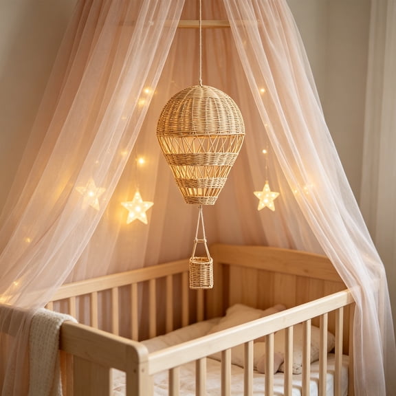 Woven Rattan Hot Air Balloon Hanging Ornament, 12x9 In Boho Nursery Wall Decor, Handcrafted Natural Balloon Mobile, Newborn Photography Prop Baby Shower Gift