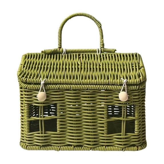 Woven Rattan House Shape Storage Basket with Handle, Vintage Natural Texture, 24 X 14 X 16cm, Garden Harvest Basket, Button Closure Wicker Suitcase for Organizing, Storage
