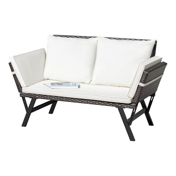 Woven Rattan Outdoor Sofa, Convertible Daybed Patio Furniture with Adjustable Armrests, Cushions & Pillows - Brown Lounger & Beige, Yard, Porch, Pool