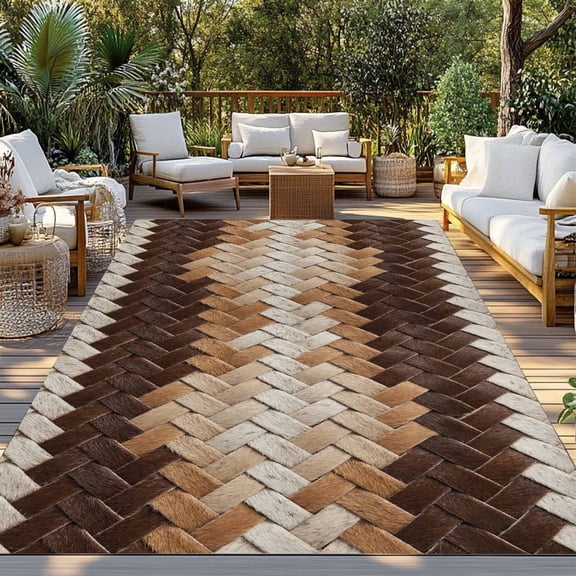 Woven Rattan Pattern Indoor Outdoor Rugs 4x6 Ft, Country Farm Brown Beige Plaid Checkered Outdoor Patio Rug Mat Washable Outside Area Rugs Carpet for Porch Deck RV Camping Pool Balcony Backyard