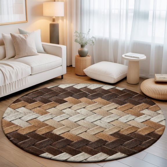 Woven Rattan Pattern Round Living Room Rugs 6 ft, Country Farm Brown Beige Plaid Checkered Washable Area Rug with Non-Slip Sturdy Edge Binding Round Carpet for Kitchen Office Bedroom