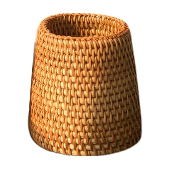 Woven Rattan Pen Holder Circular Desk Organizer Multifunctional Storage Basket for Office Desktop