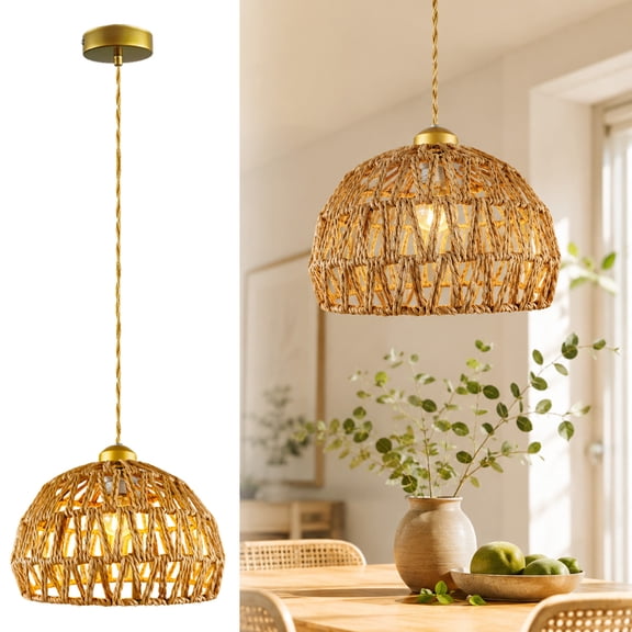 Woven Rattan Pendant Light, Boho Hand-Woven Hemp Rope Chandelier, 9.8" Rustic Wicker Basket Hanging Light Fixture for Kitchen Island, Dining Room, Bedroom, E26 Base