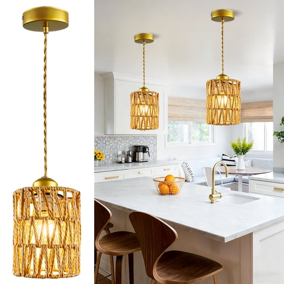 Woven Rattan Pendant Light, Boho Hemp Rope Pendant Lighting, 110V E26 Gold Mini Cylinder Pendant Light Fixture, Adjustable Hanging Light for Kitchen Island Bedroom Dining Room Farmhouse, 60W Max
