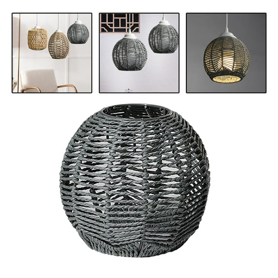Woven Rattan Pendant Light Fixture Rattan Shade Farmhouse Hanging Lamp Shade Pendant Lamp Shade Hallway Home Bedside, Gray Round