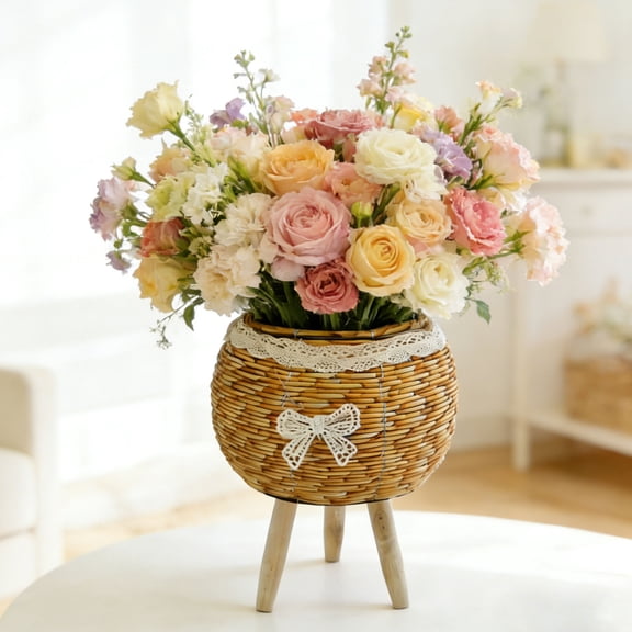 Woven Rattan Plant Stand With Wooden Tripod Legss Creative Indoor Flower Pot Holder For Living Room And Balcony Stylish Grass Basket Design Yellow