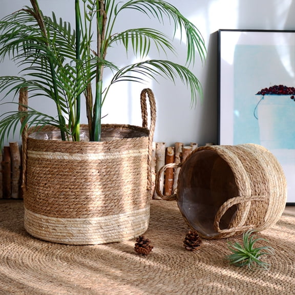 Woven Rattan Planter with Waterproof Liner, Handmade Wicker Basket for Indoor Trees,Decorative Tall Flower Pot Cover for Living Room Floor,Artificial Tree Base,11.81*10.63 Inch,1Pcs