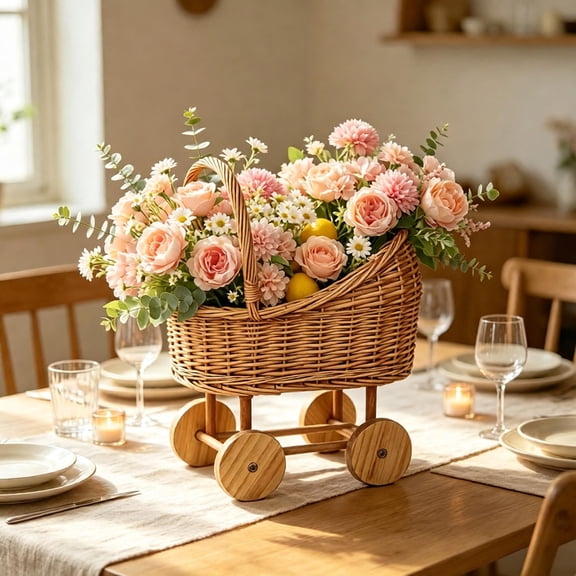 Woven Rattan Pram Flower Basket with Artificial Flowers for Rustic Home Decor, Fruit or Storage Basket, Cute Centerpiece for Parties, Weddings, or Everyday Use