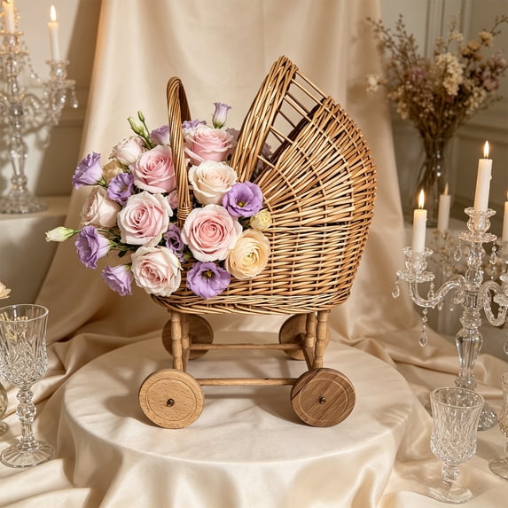 Woven Rattan Pram Shaped Flower Basket, Cute Rural Decor with Wheels and Handle for Weddings, Parties, and Candy Display