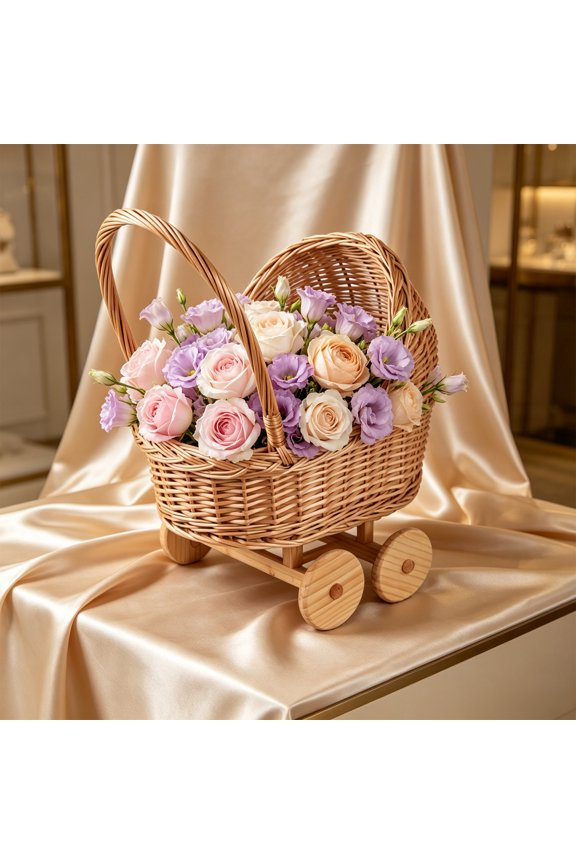 Woven Rattan Pram Shaped Flower Basket with Wheels and Handle, Rustic Wood Wicker Planter for Wedding Centerpiece, Farmhouse Candy Display and Home Decor
