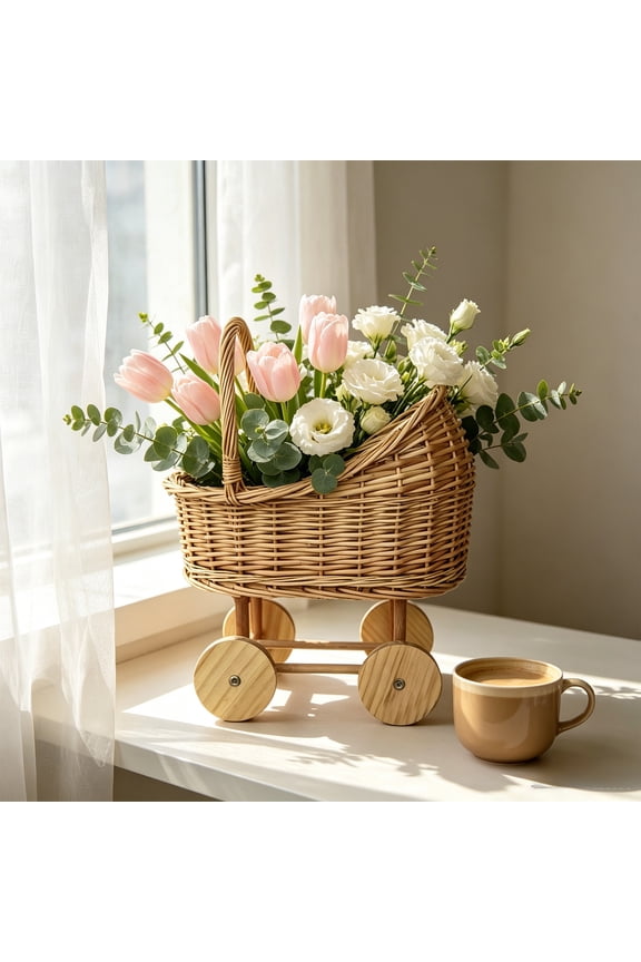 Woven Rattan Pram-Shaped Flower Basket with Wheels and Handle Cute Rustic Decor for Weddings, Parties, Candy Displays, and Flower Arrangements