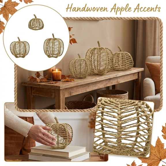 Woven Rattan Pumpkin Set, Decorative Boho Halloween Tabletop Sculpture for Home, Handcrafted Spooky Theme Hollow Centerpiece with Texture, Minimalist Wicker Festival Centerpiece Figurine for Mantel