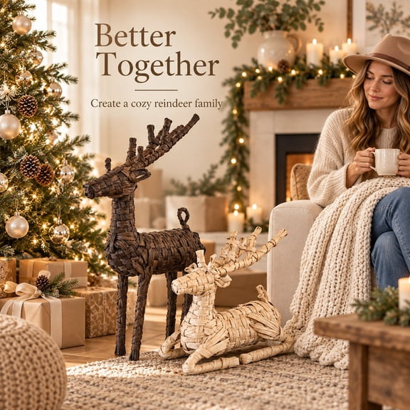 Woven Rattan Reindeer Christmas Decor Set of 2 Dark Brown Woven Deer Ornaments, Rustic Christmas Reindeer Family Set for Home Mantel Styling, Wicker Deer Statues for Holiday Decor