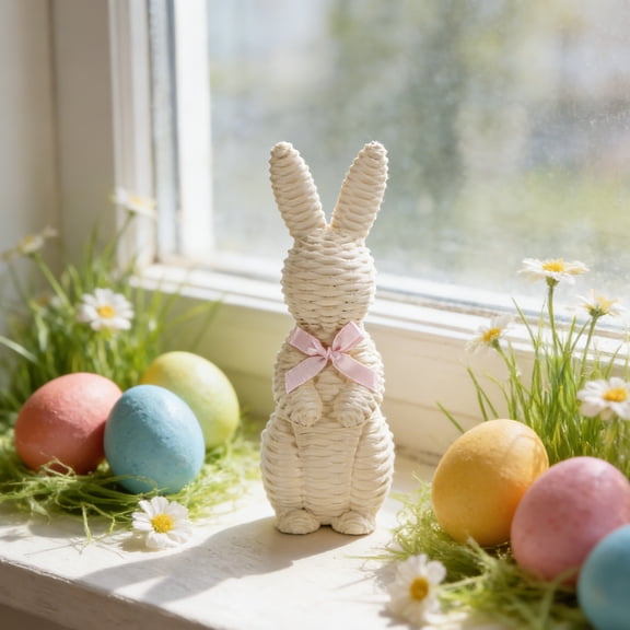 Woven Rattan Resin Rabbit Statue, Handcrafted Bunny Figurine, Bohemian Indoor Outdoor Decor, Natural Artisan Decoration for Home, Thoughtful Gift for Nature Lovers