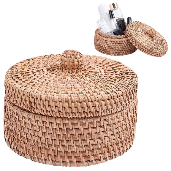 Woven Rattan Round Storage Box with Lid Camel 14x10.1cm