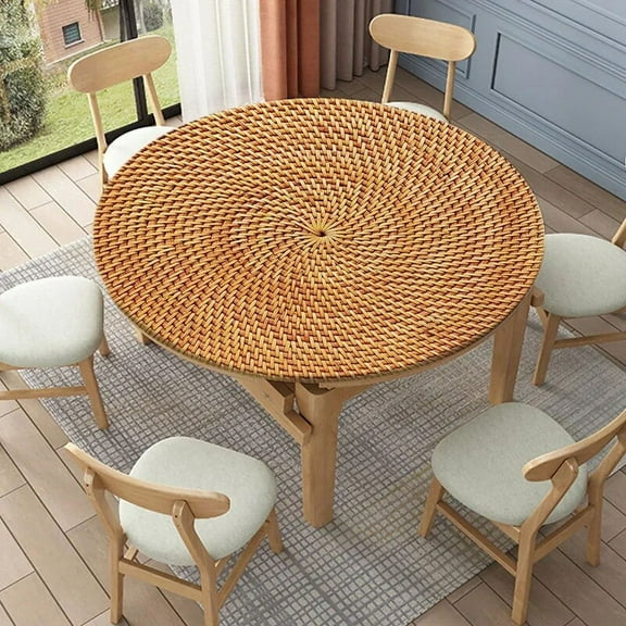 Woven Rattan Round Tablecloth Weave Pattern Waterproof Elastic Table Clothes for Dining Table Cute Desk Decor Protector Cover